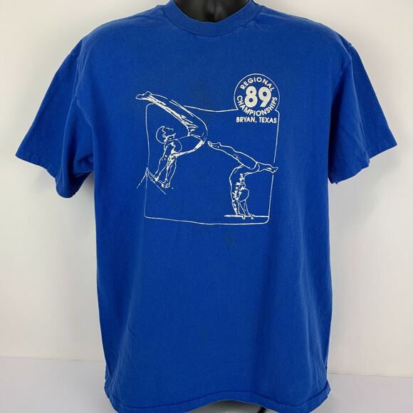 Vintage 80s Gymnastics Championships T Shirt Mens L Large Bryan Texas USA Blue - Picture 2 of 12